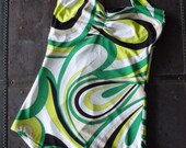 SALE... sunburst maillot in green Retro 60's print swimsuit made to order