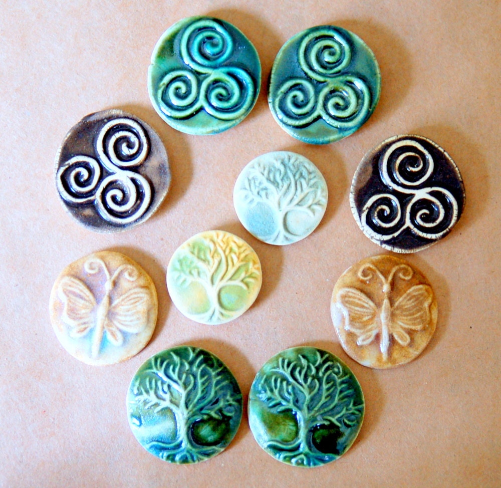 10 Ceramic Mosaic tiles - Symbolic Cabochones - Handmade Ceramic Tiles - Triskele, Tree of Life