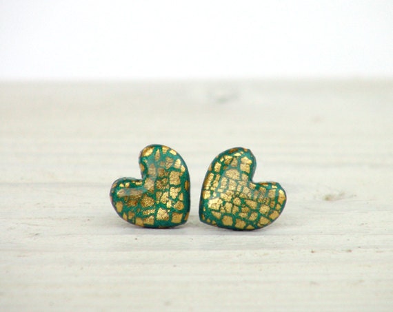 Tiny Earrings with Gold Foil - Heart Ear Studs - Emerald Green - Women Everyday Earrings - Childrens Jewelry - Gift idea