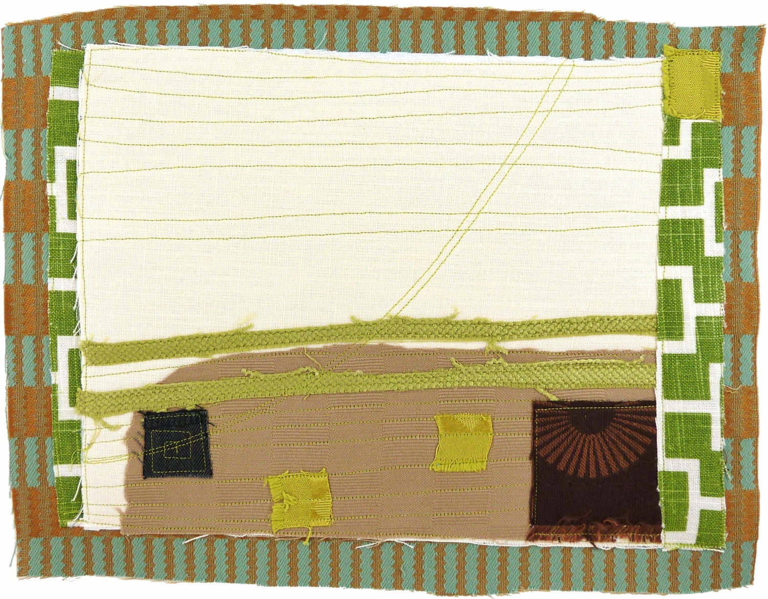 5.17.2013, quilted drawing, small art quilt, abstract, haiku, purple, citron, cream, brown, aqua, black, lime