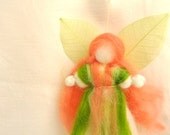 Needle felted wool blessing fairy, green shades, wall hanging art doll