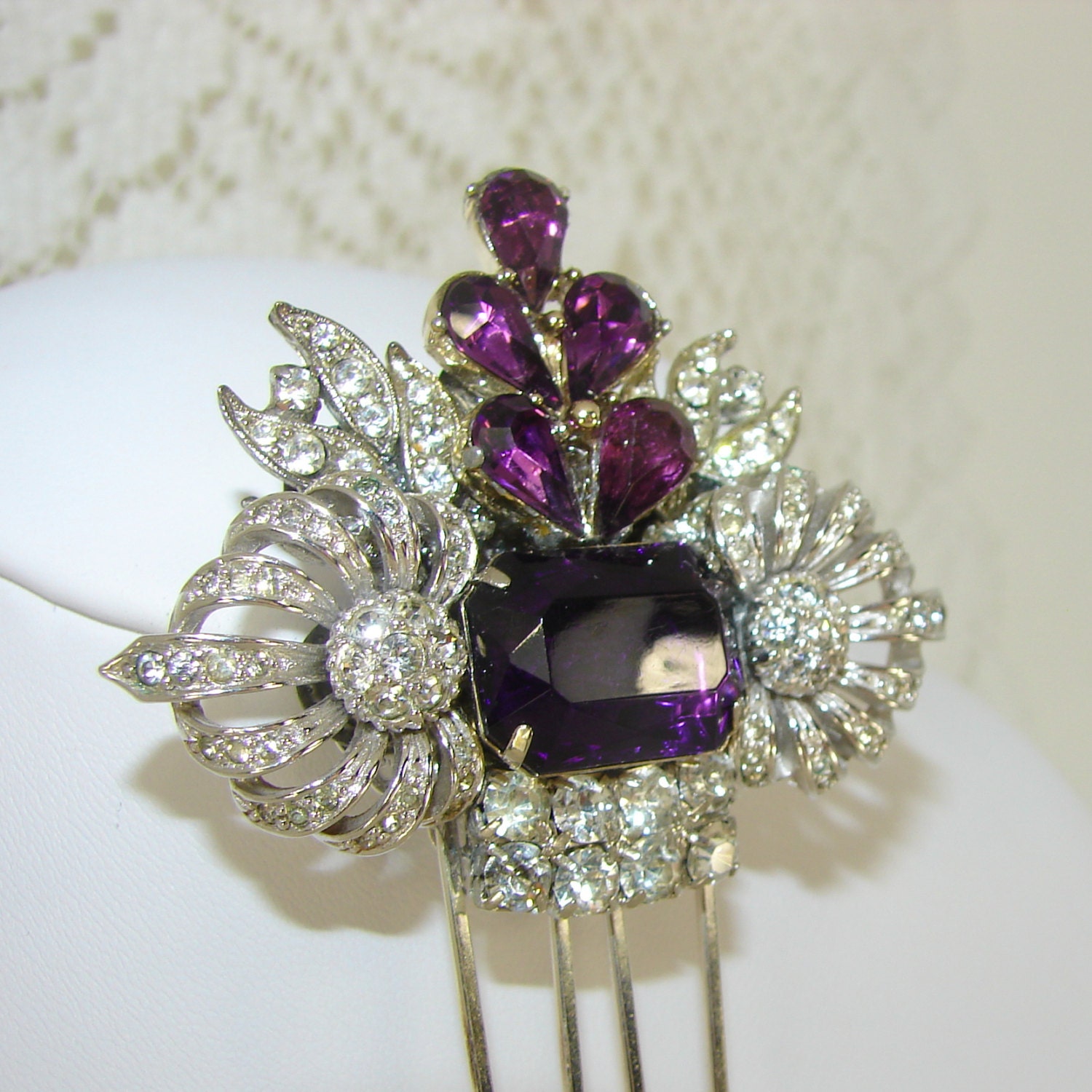 Vintage Amethyst Jewelry Rhinestone Hair Comb Wedding Hairpiece Bridal Headpiece Formal Accessory