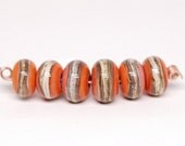 Coral Orange and Silvered Ivory Handmade Lampwork Glass Bead Set