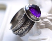 ON SALE Cocktail,Ring,Textured, Wide Band, Art Jewelry, Big, Magical, Purple Stone, Oxidized, Silver, Rustic,Metalsmith