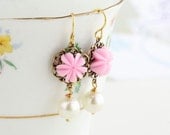 Pink Earrings, Flower Earrings, Pale Pink, Pretty Feminine Earrings, Drop Earrings