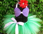 Custom Sewn 11" Girls Pixie Tutu Ariel Costume - sizes Newborn up to 5T - tutu, seashell top, and flower headband - For Halloween