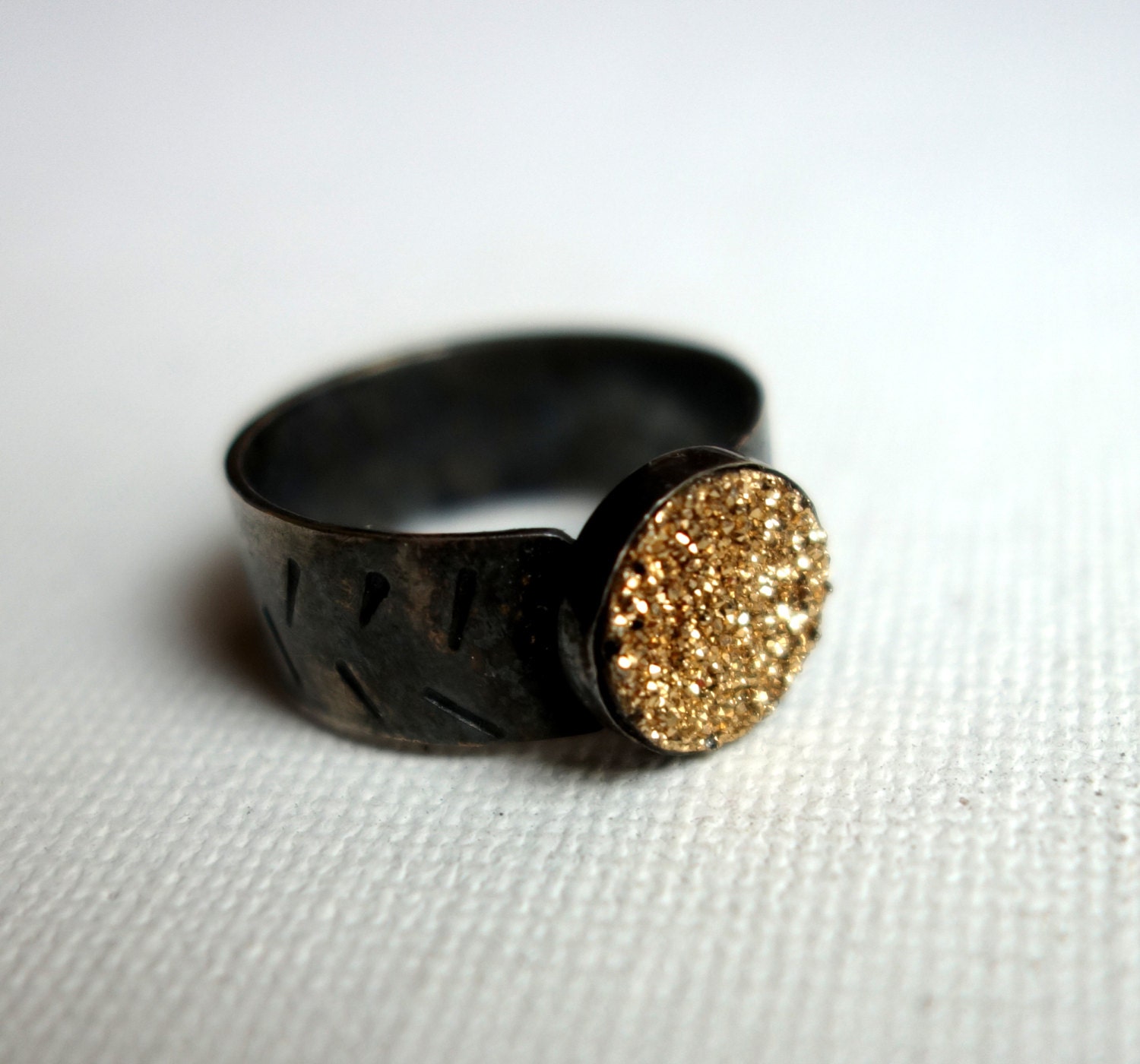 Golden Drusy on Wide Sterling Silver Band