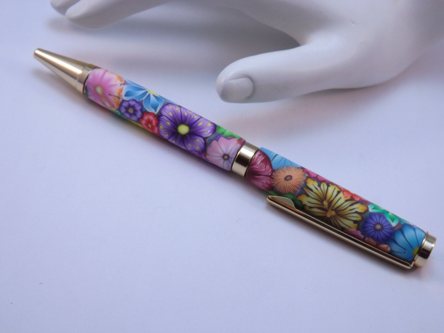 Colorful Millefiori Floral Polymer Clay 24KT Gold Accented Pen