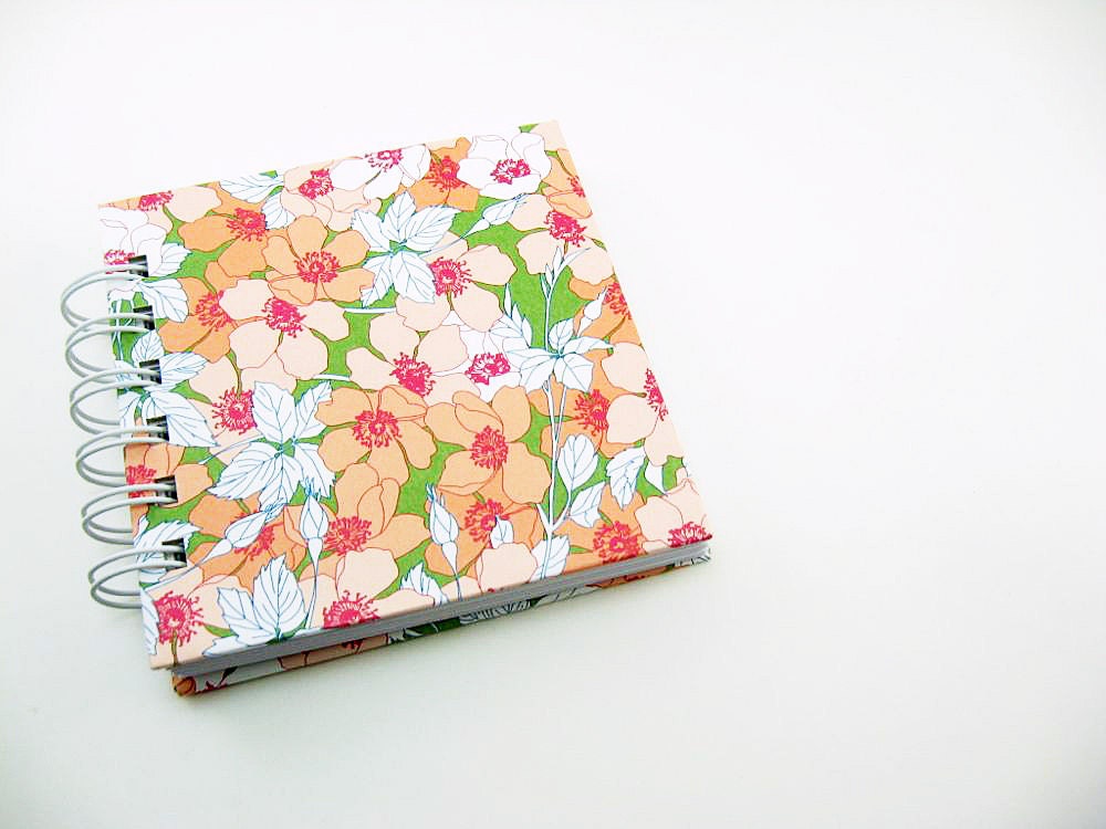 Small Mini Notebook / Blank Journal / Coral White Green Pink Flowers (4 x 4)