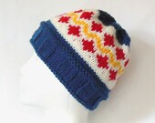 Hand knit hat Fair Isle blue white red gold ski cap skullcap beanie watch cap womens mens teens toque ski cap