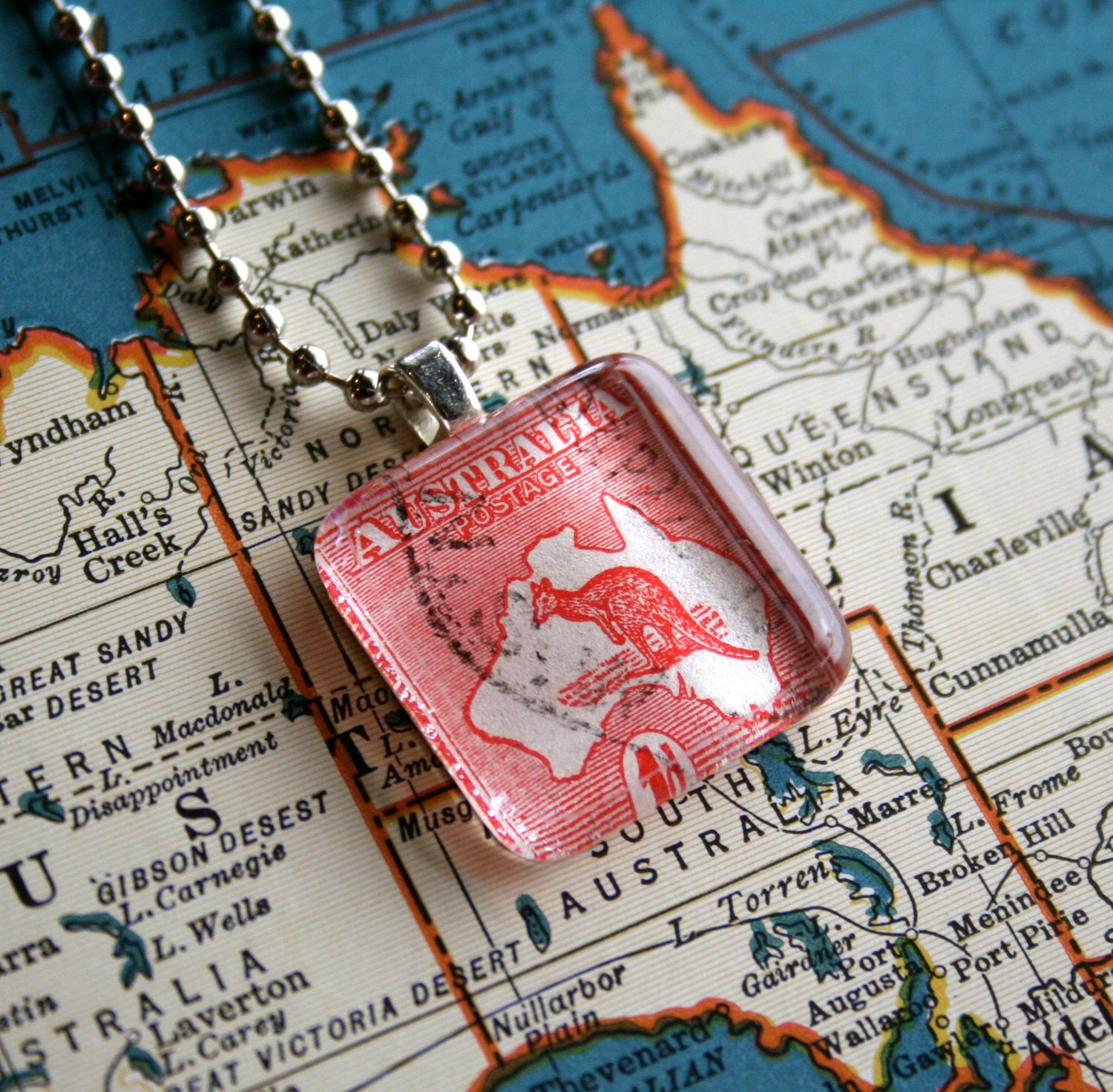 Australian Kangaroo Postage Stamp Necklace - Vintage Stamp Jewelry