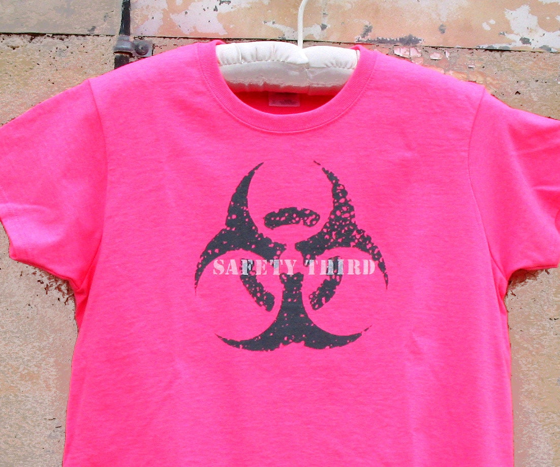 Neon Pink Safety Pink Mutant Biohazard womens SAFETY THIRD tshirt pink gray white safety 3rd neon clothing burning man xs to XXL plus size