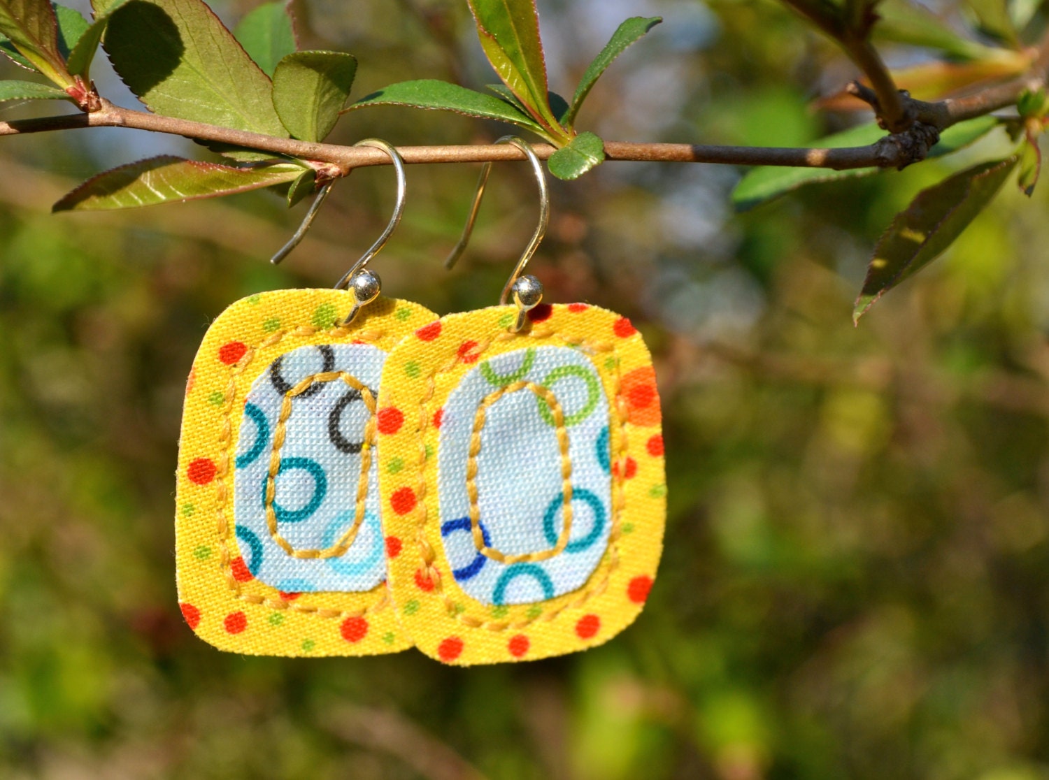 spring fiber art earrings, yellow textile art earrings