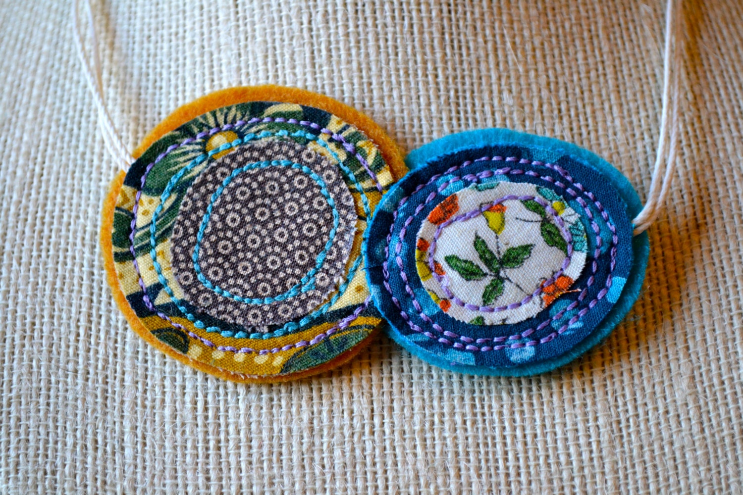 fiber art circles necklace, upcycled fabric circle necklace, hippie patchwork necklace abstract