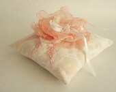Cream Wedding pillow with peach/white flower, lace and  ribbon---wedding rings pillow , wedding pillow---FREE SHIPPING