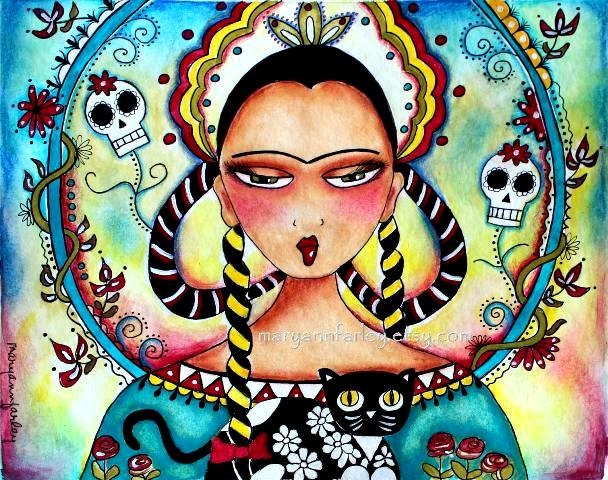 Day of the Dead Mexican Girl Art Print, Frida Kahlo Girl and Cat, Watercolor Mixed Media Illustration, 5 x 6.5, Turquoise Blue Pink