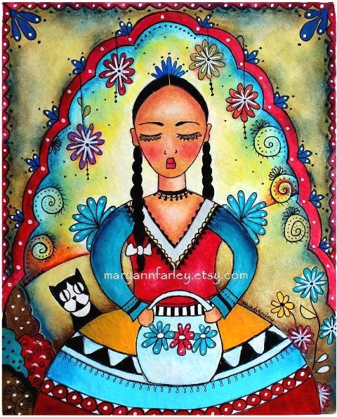 Mexican Girl Art Print, Day of the Dead Art, Girl and Cat Art, Watercolor Mixed Media Illustration, Original, 5 x 6.5, Red Blue