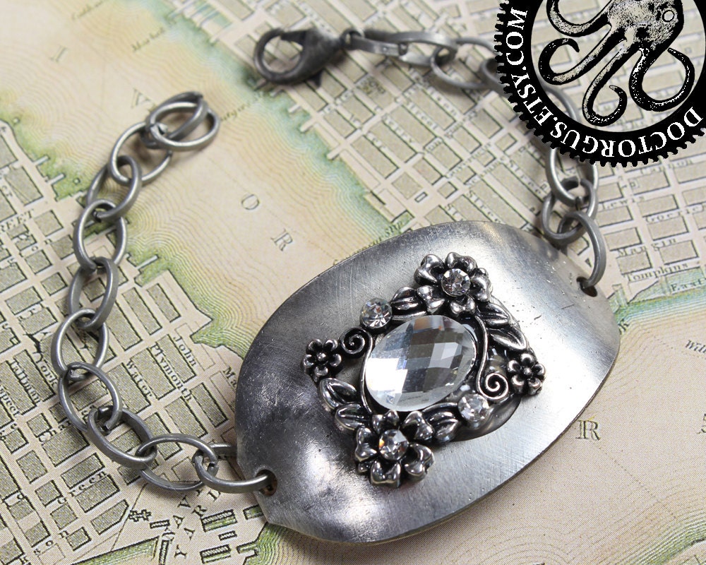 Sterling Silver Plated Spoon Bracelet -- With Crystals -- Handmade by Doctorgus from Repurposed Vintage Silverware