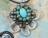 Wired Turquoise Twisted Fork Pendant -- Handcrafted From an Antique Sterling Silver Plated Fork by Doctor Gus
