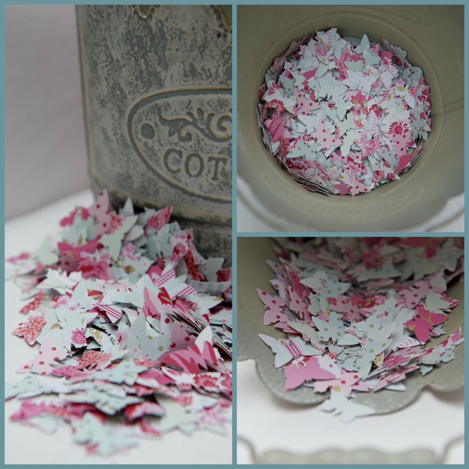 French designer paper 1" butterfly paper punches - 50 pieces - floral, gingham, polka dot, roses, birds, duck egg blue, pink, fuchsia