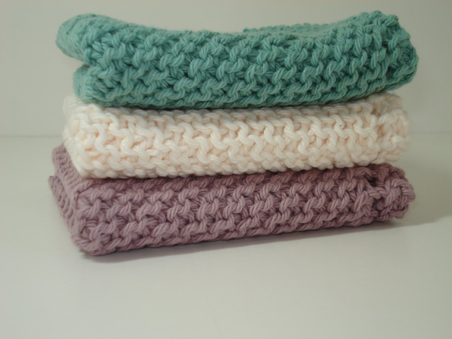 Handknitted Dishcloths - Purple Green Ivory - Set of 3