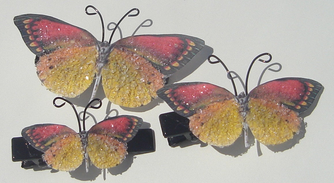 set of 3 handmade red and yellow butterfly embellished hair clips