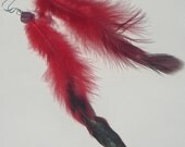 red, green, purple striped stone wire wrapped with red rooster feathers hand made pierced dangle earrings