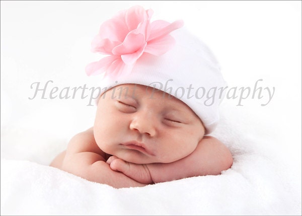 Newborn Beanie / Baby Beanie / Girls Hat / Infant Beanie /  White Pink ADDISON flower and Cotton Beanie TWO SIZES