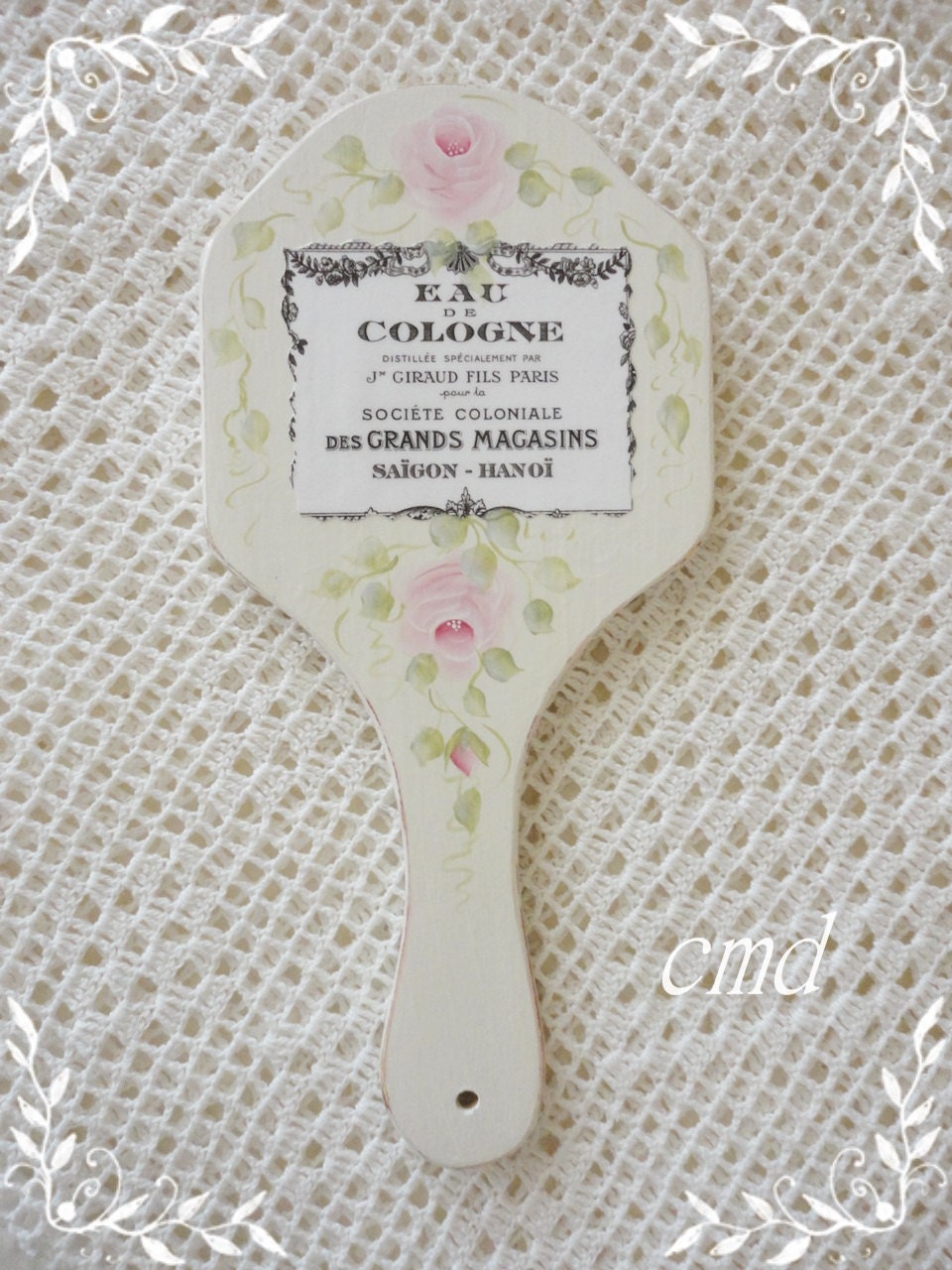 Hand Painted, Hand Mirror, Distressed Wood with French Pink Roses, ECS, CSSTeam