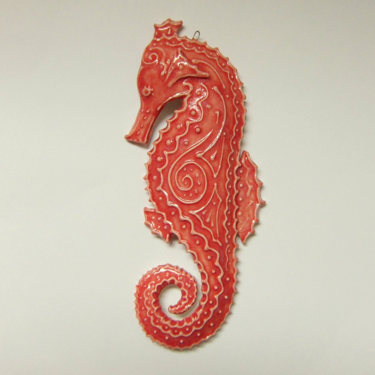 Seahorse decor..ornament..coral red with paisley design porcelain ceramic