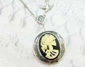Silver Locket Necklace - Silver Lovely Bones Cameo - Jewelry by BirdzNbeez - Skeleton Skull Goddess