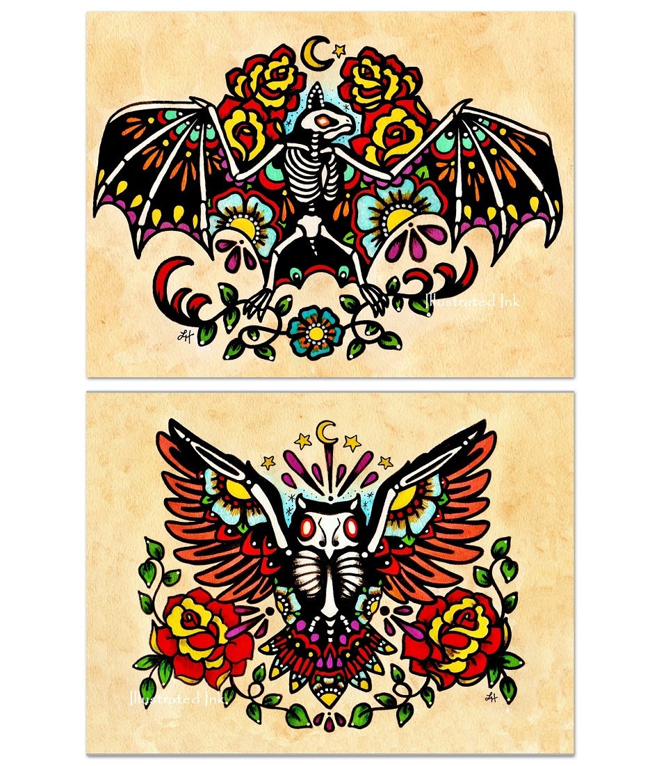 Day of the Dead BAT & OWL Old School Tattoo Flash Art Set 5 x 7