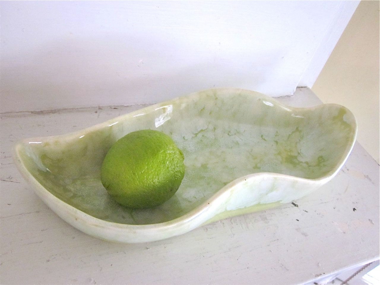 Mid Century Lime Green Serving Dish - Vintage Home Decor - Leaf