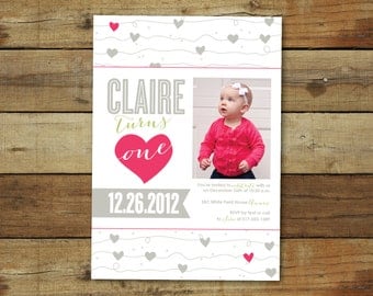 hearts first birthday party invitation - photo card - 1st birthday