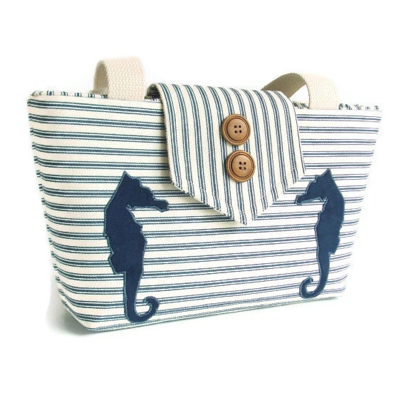 Seahorse Wayfarer Purse - Handmade Appliques and Classic Ticking Stripe