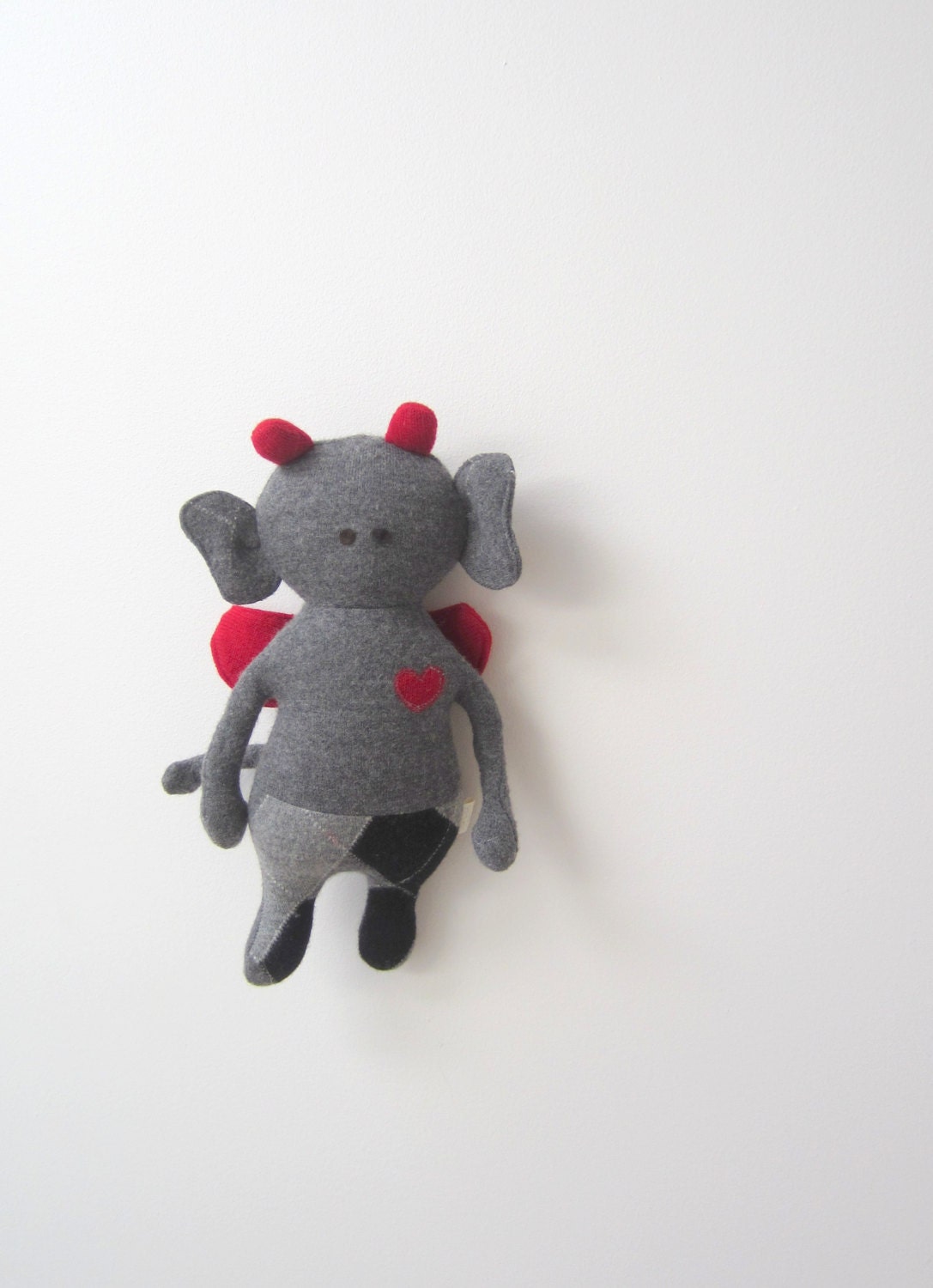 Critter Doll Vevi OOAK Upcycled wool sweater unique argyle grey red demonish goth collectors item eco friendly