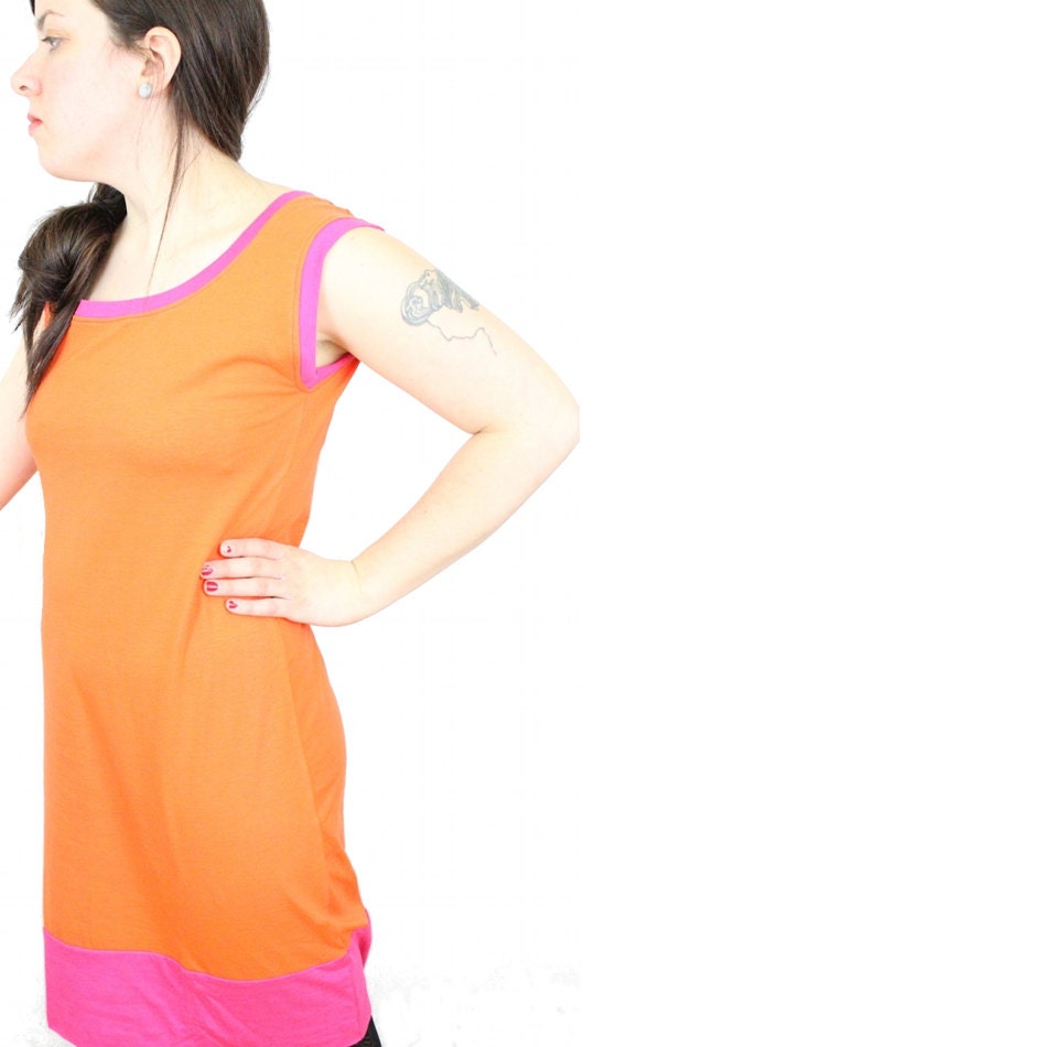 Womens Tangerine Orange and Hot Pink Color Block Neon Dress in Organic Cotton Jersey and Bamboo Rayon in LARGE// by Nicoles Threads