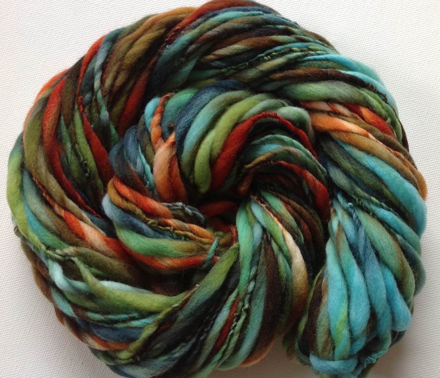 Handspun yarn Thick and Thin merino bulky 56 yards Verdigris