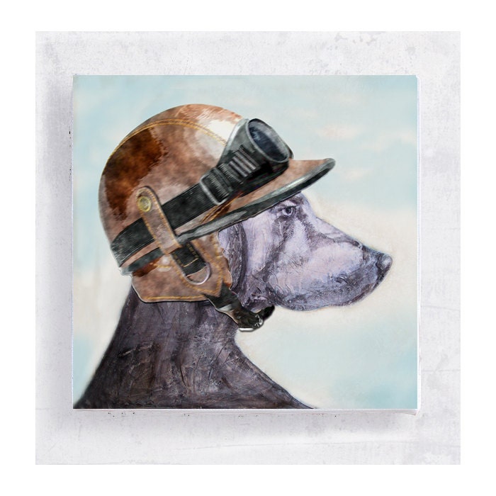 Weimaraner with Motorcycle Helmet on 5x5 Canvas Print Block  -  Biker Jake -  Animal Portrait -  Home Decor - Wall Art