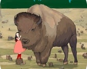 The last stand -- Giclee Art Print - 8 x 11 inches - Girl and Buffalo Print, Girl and Bison print, Woodland fairytale whimsical art