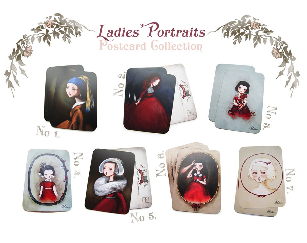 7 Postcard Pack, girl postcards, portrait art, girl portrait, portrait painting, girl art, gift pack, art postcards, artist postcard