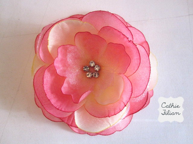 Pink Silk Flower - Rhinestone Center - Millinery, Hair Flowers, Pin, Bows, Headband, Baby