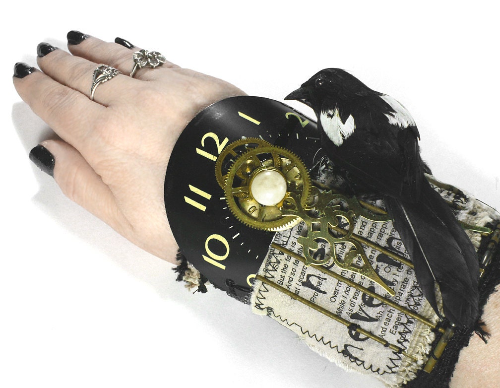 On Loan -- Steampunk Cuff Hardcore GOTHIC Wrist Cuff Black Leather 3D Raven Cage Clock AWESOME - Steampunk Clothing by edmdesigns