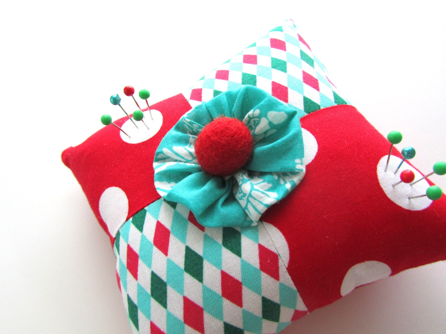 Christmas Pincushion, Bright Patchwork, Yoyo and Cherry
