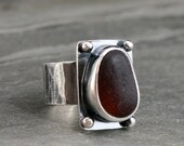 Hawaiian Sea Glass Ring, Brown Sea Glass, Sterling Silver Wide Hammered Band, Silver Dot Granulations, Size 5.5