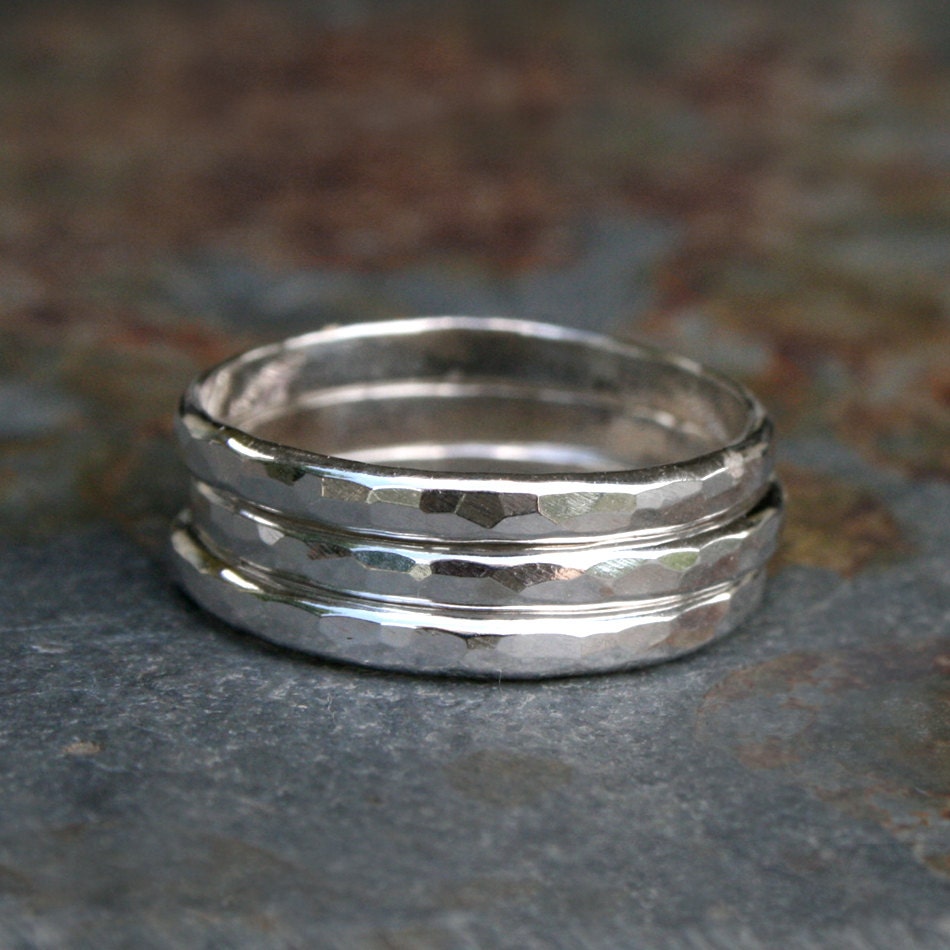 Sterling Silver Stacking Rings, Stack of Three Hammered Rings, Hand Made Ring Bands, Shiny Polish