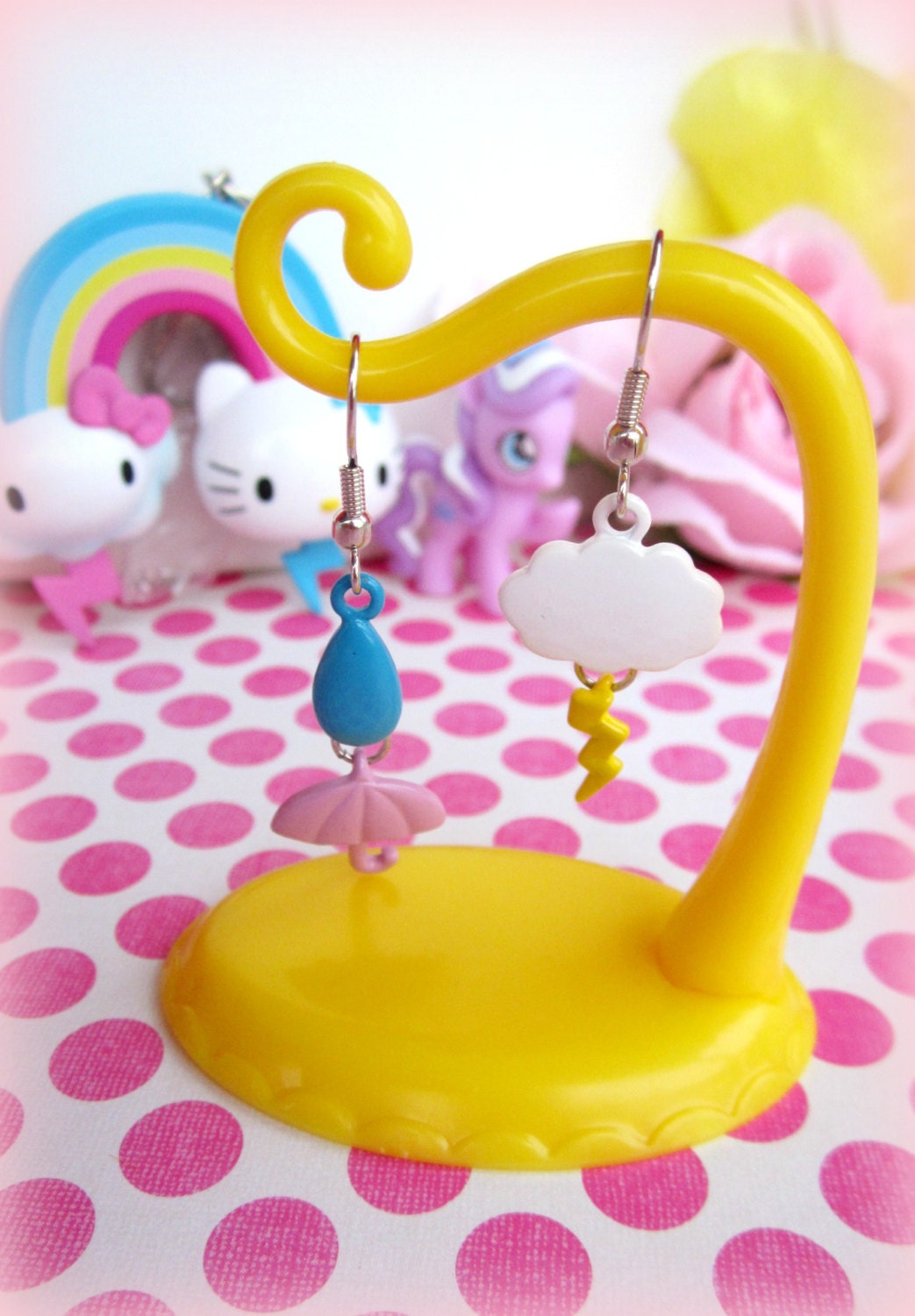Rainy Day Dangle earrings with cloud and thunderbolt, blue raindrop and pink umbrella KAWAII