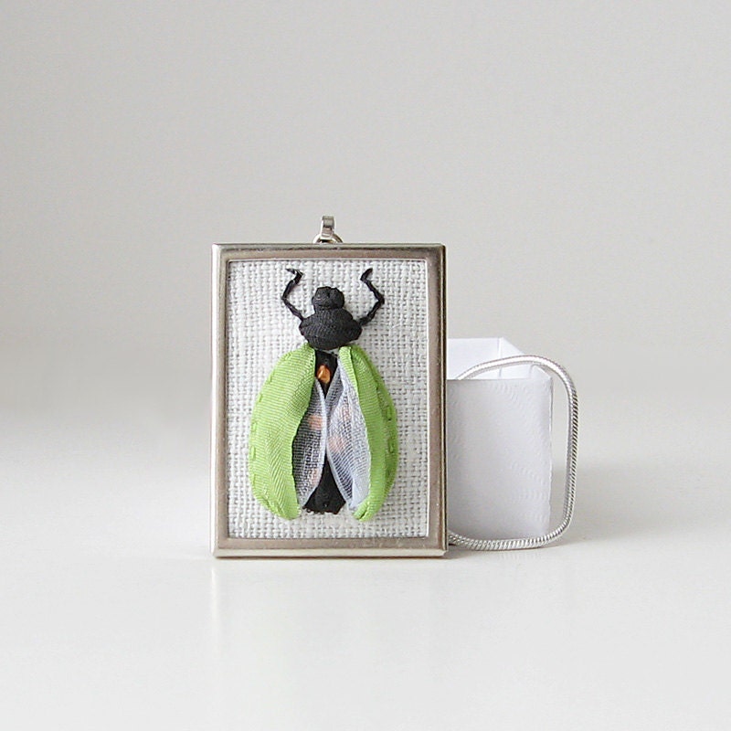 Embroidered Black and Green Beetle Necklace