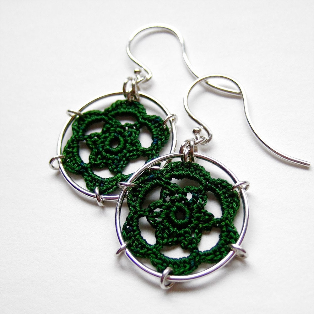 Peony Doily Earrings, hand-dyed silk thread