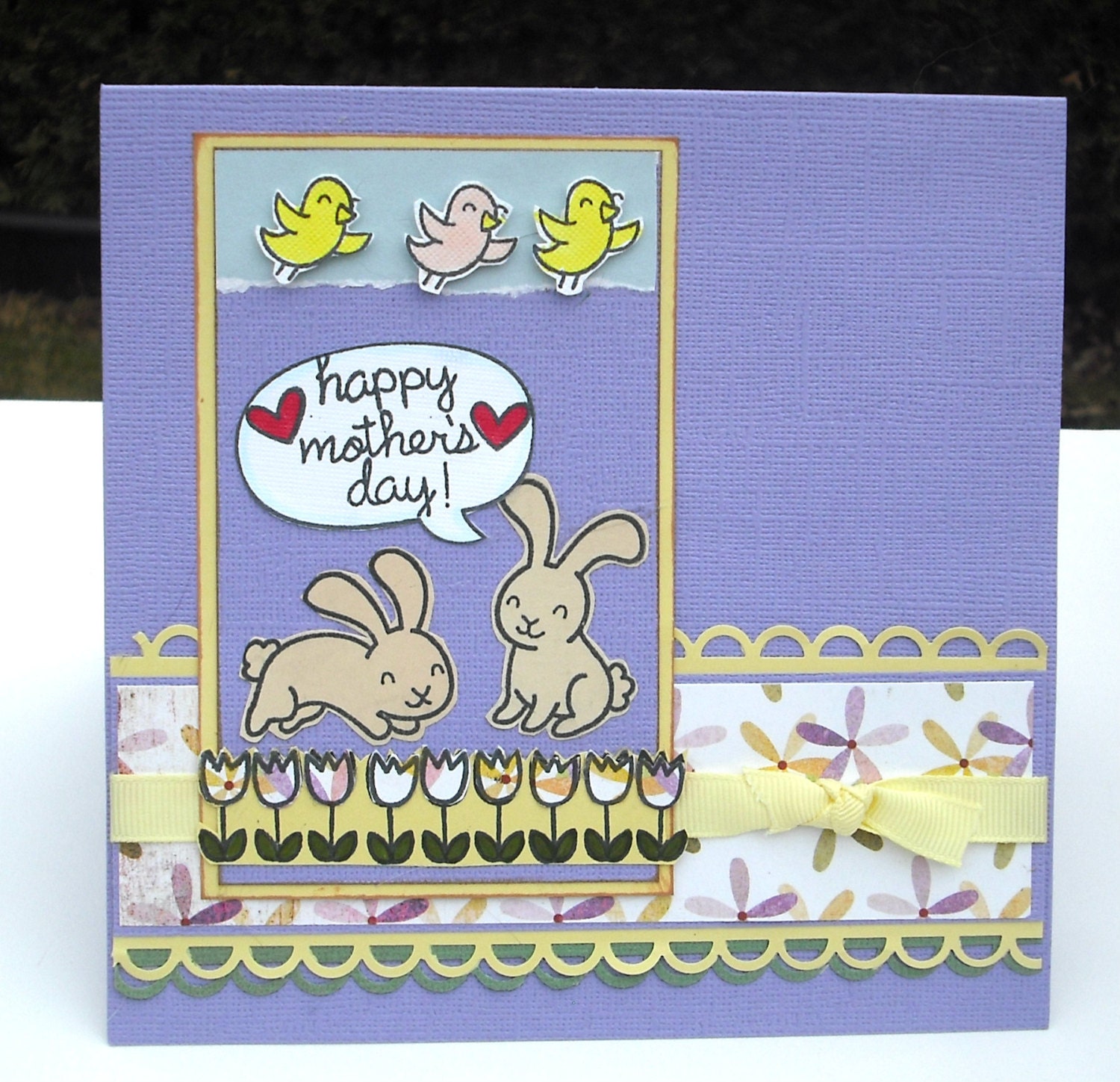 Mother's Day card, Lavender with Tulips and Bunnies, Happy Mother's Day, 6x6 Inches